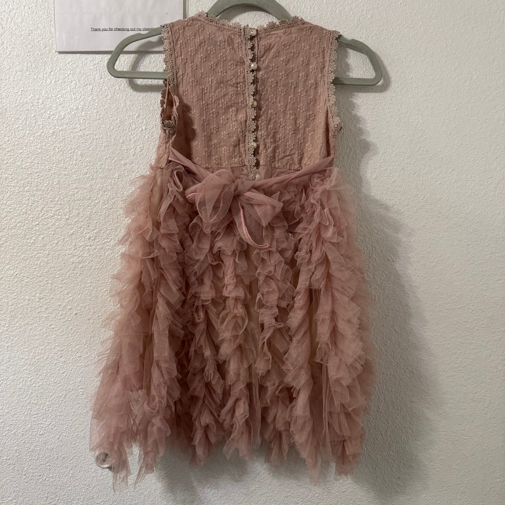 AiniBabe Girls Pink Ruffle Tulle Dress Size 6 Lace Trim Pearl Buttons Fairy Boho - Picture 3 of 4